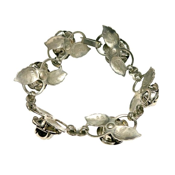 Vintage Mid-Century Rhinestone Rose Bracelet Silver Tone Floral Link Jewelry - Picture 6 of 6
